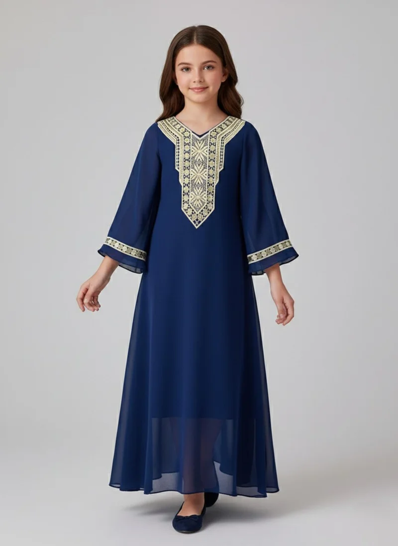 بيبي كلو Girls Navy Arabic Embroidered Kaftan Occasion Dress